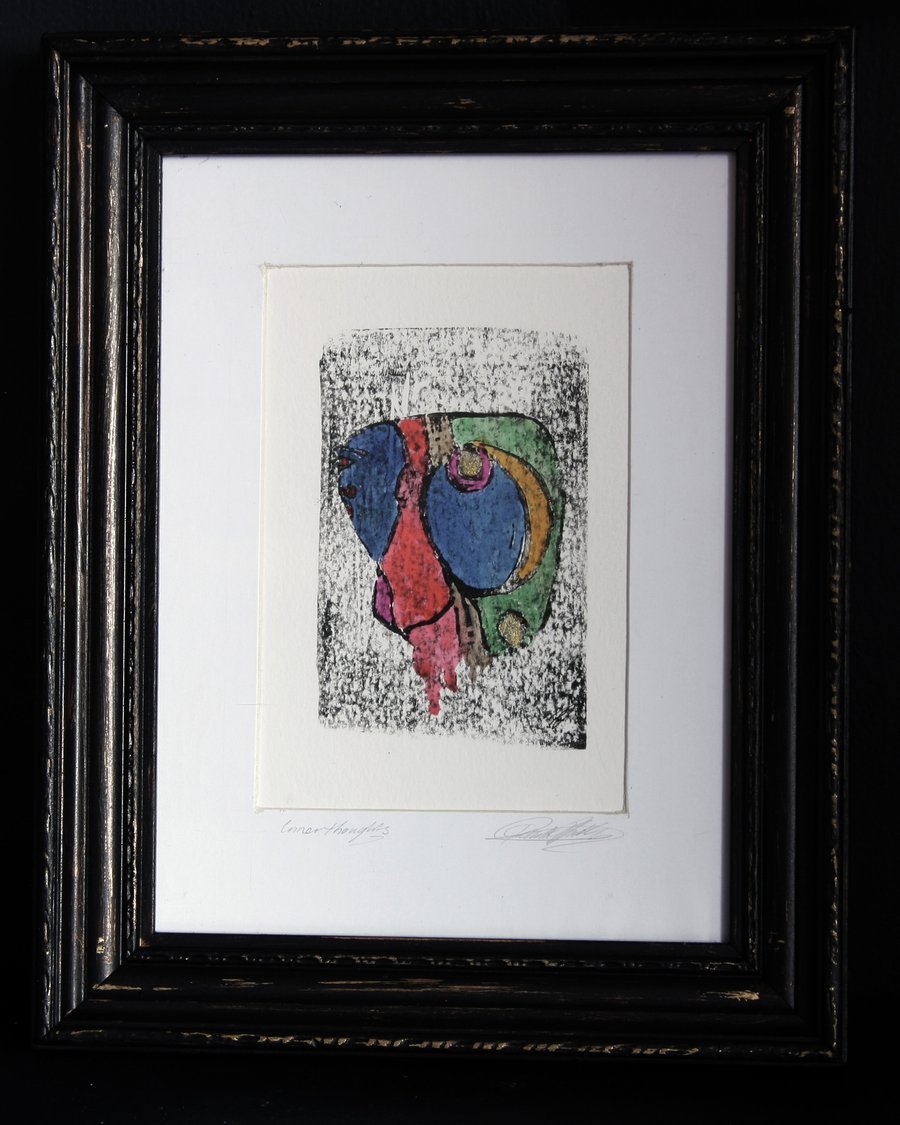 Abstract Lino Print and Ink One-of-a-kind in upcycled frame, Perfectly Imperfect