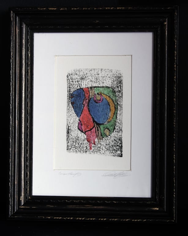 Abstract Lino Print and Ink One-of-a-kind in upcycled frame, Perfectly Imperfect
