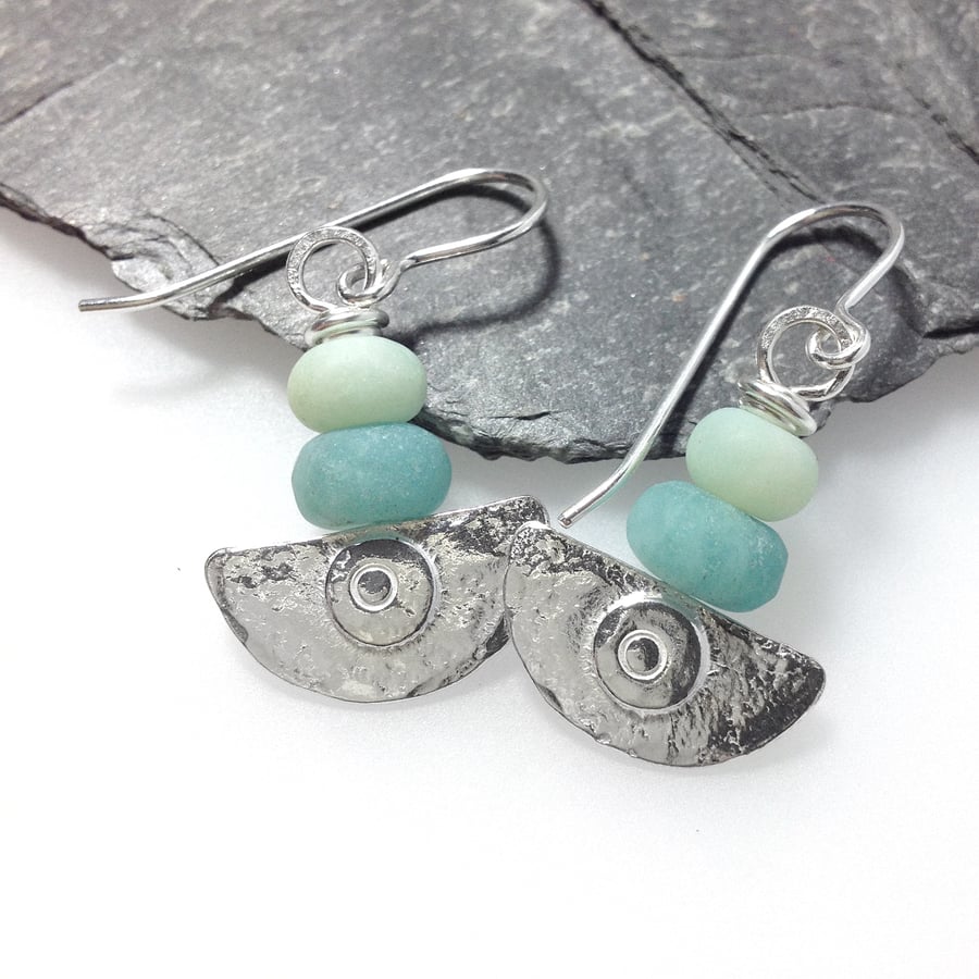  silver and frosted amazonite earrings Ulu tribal blade