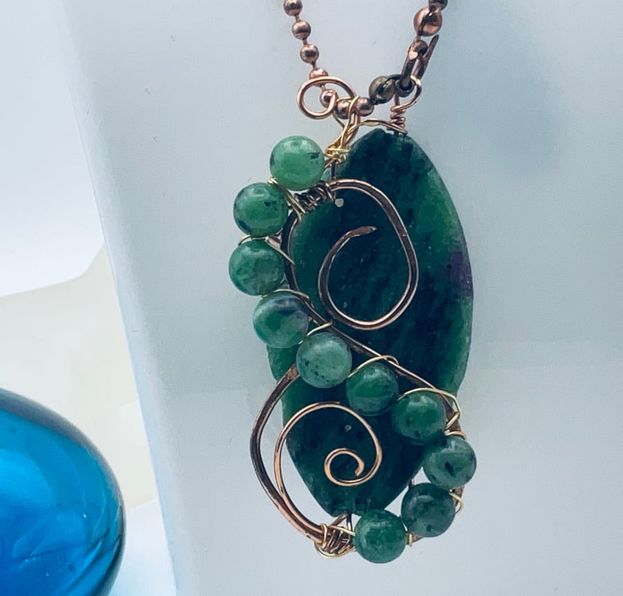 Ruby in Zosite green gemstone and copper wired pendant