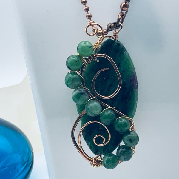 Ruby in Zosite green gemstone and copper wired pendant
