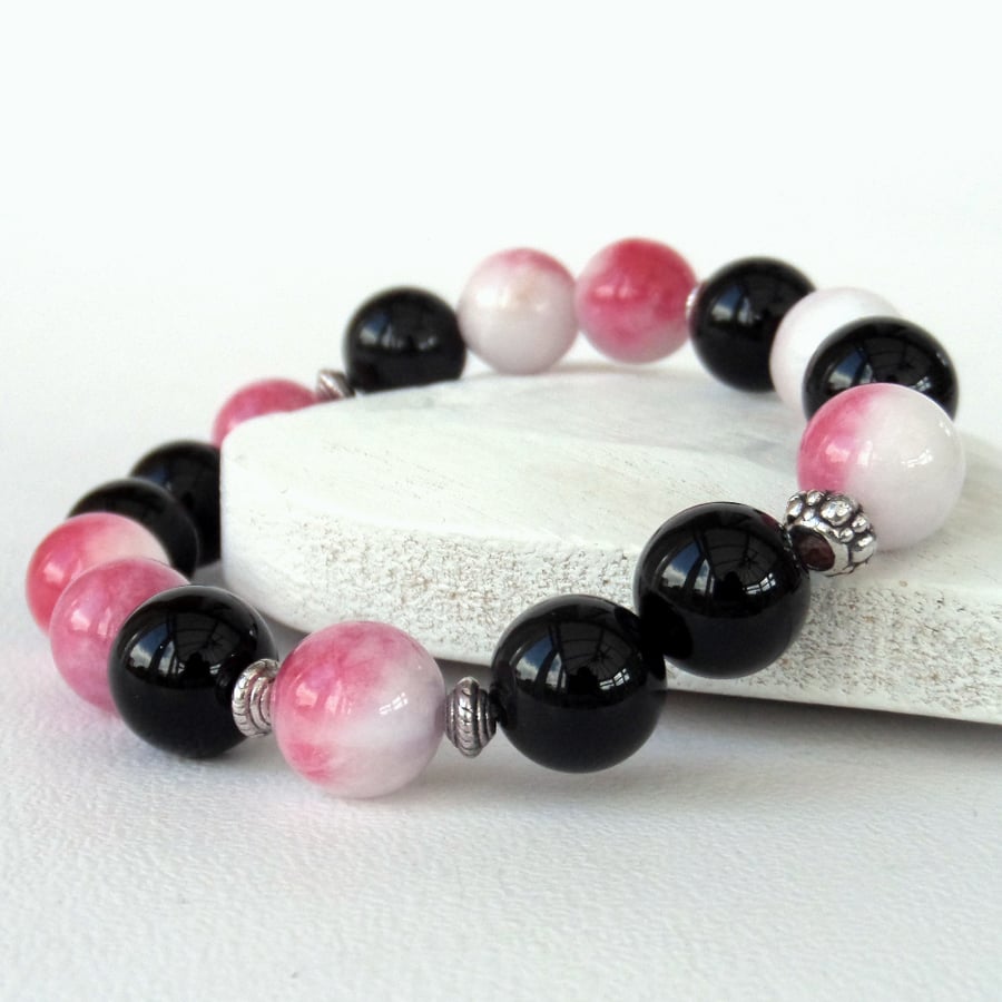 Black onyx and pink and white jade stretchy bracelet, great birthday surprise