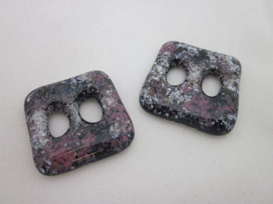Handmade pair of cast glass buttons - Square deep pink marble