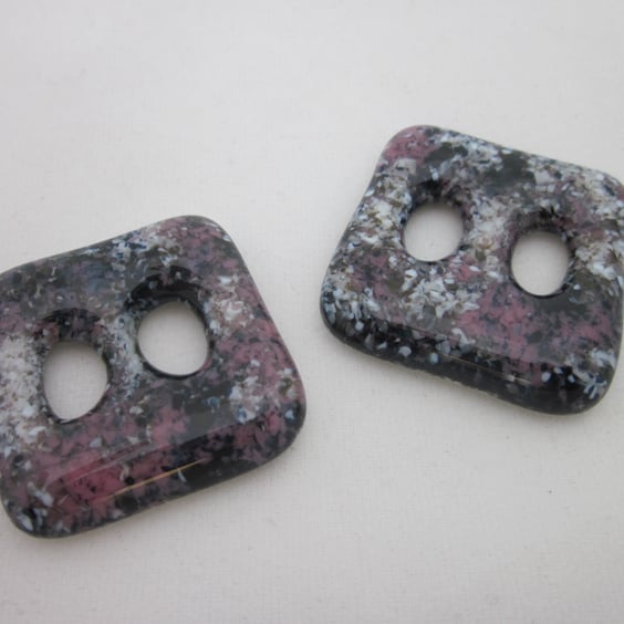 Handmade pair of cast glass buttons - Square deep pink marble