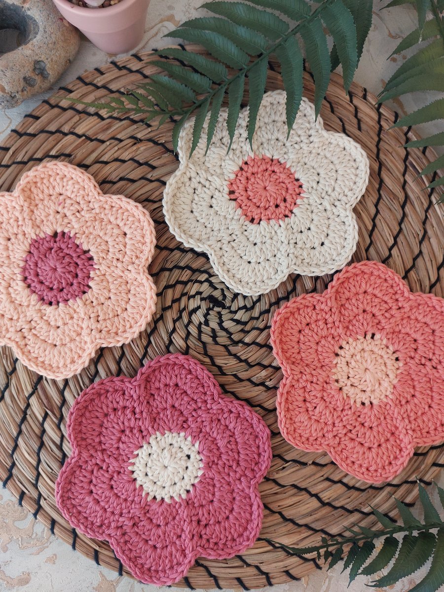  Crochet Funky Flower Coasters Set of 4