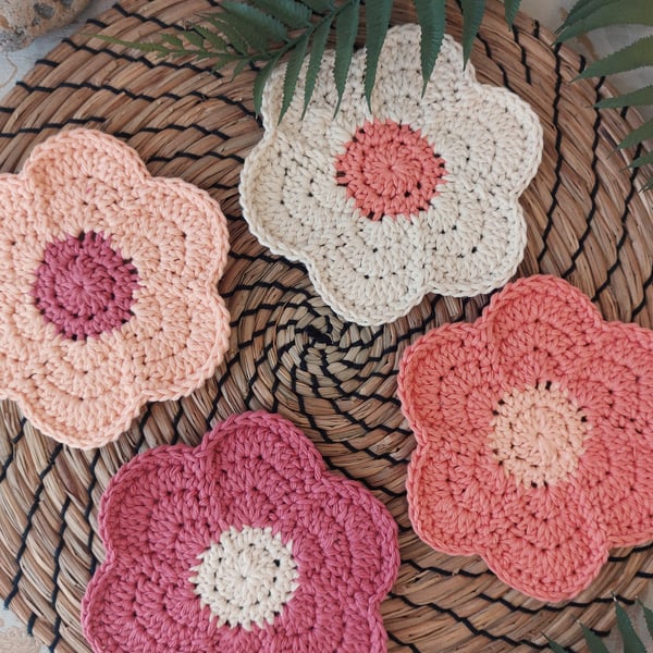  Crochet Funky Flower Coasters Set of 4