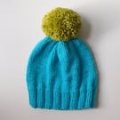 Bobble Hat in Aqua Blue Chunky Yarn with Green Pom Pom