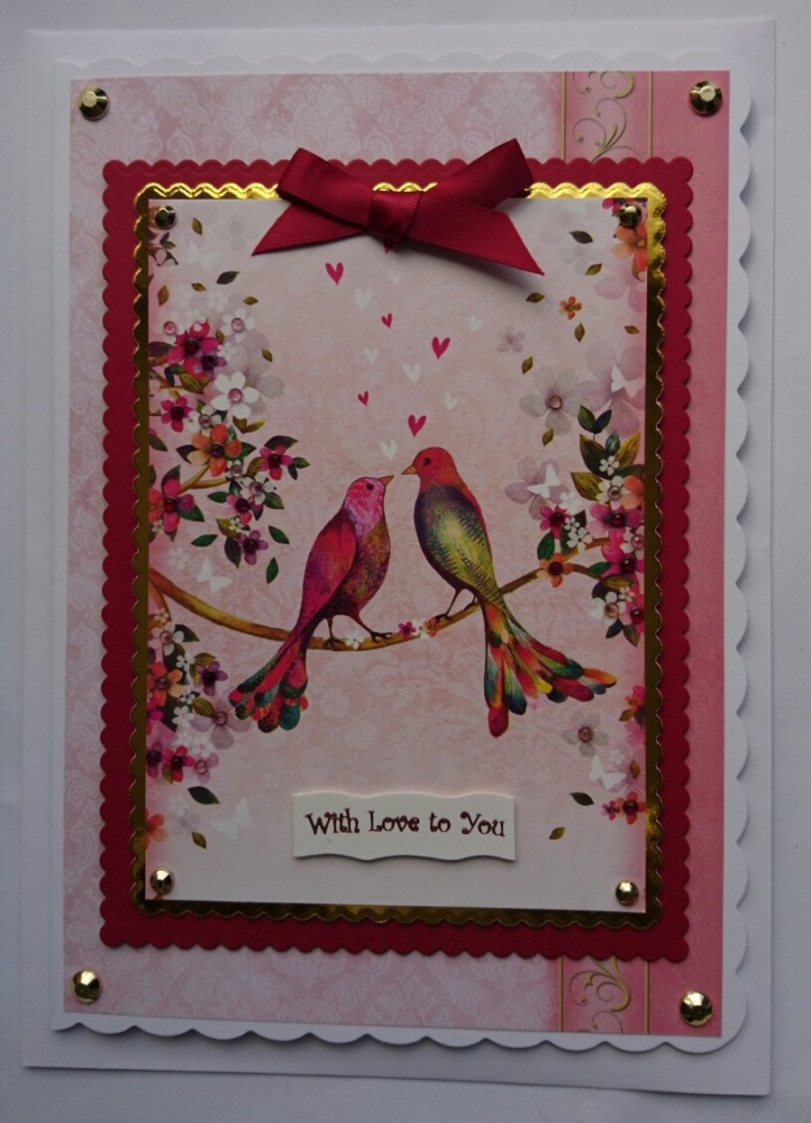 Anniversary Wedding Engagement Card With Love To You Birds Flowers Hearts 