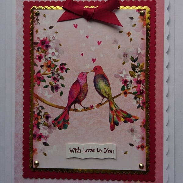 Anniversary Wedding Engagement Card With Love To You Birds Flowers Hearts 