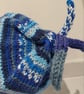 Handknit BLUES 3-5 TIE TOP BEANIE Stripey fairisle effect - Image 6