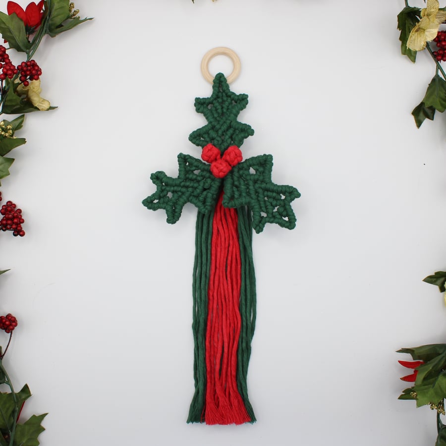 Christmas decoration Macrame sprig of holly wall decoration