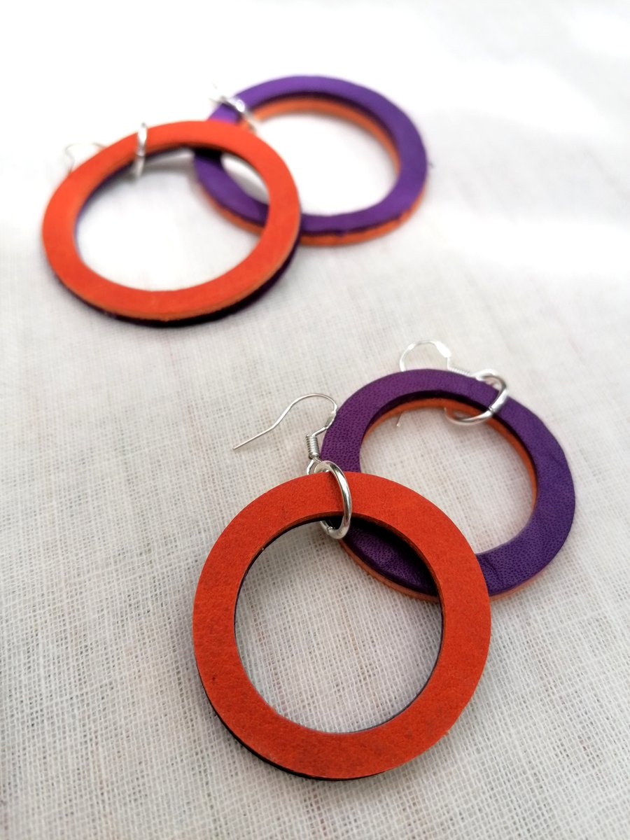 Colour Duo Leather Hoop Earrings - Purple & Orange, Sterling Silver