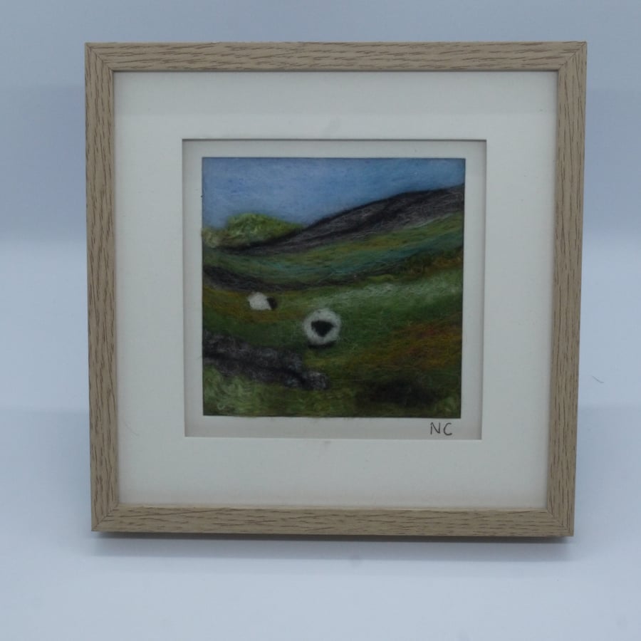 Handmade needle felted Countryside Peaks in wooden frame