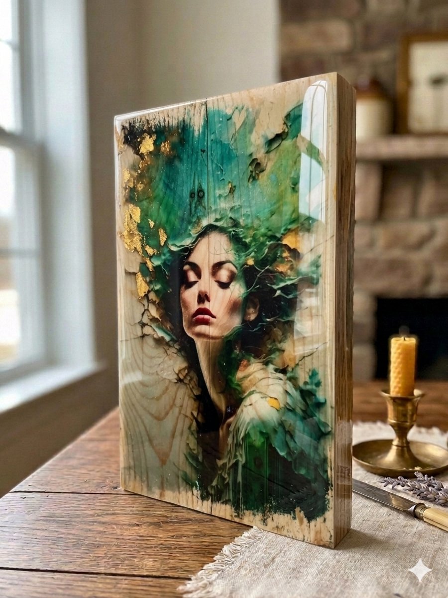 Whimsigoth Decor, Forest Goddess Gaia, Emerald Green Art, Photo Transfer Art