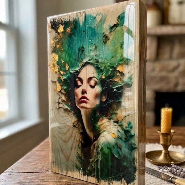 Whimsigoth Decor, Forest Goddess Gaia, Emerald Green Art, Photo Transfer Art