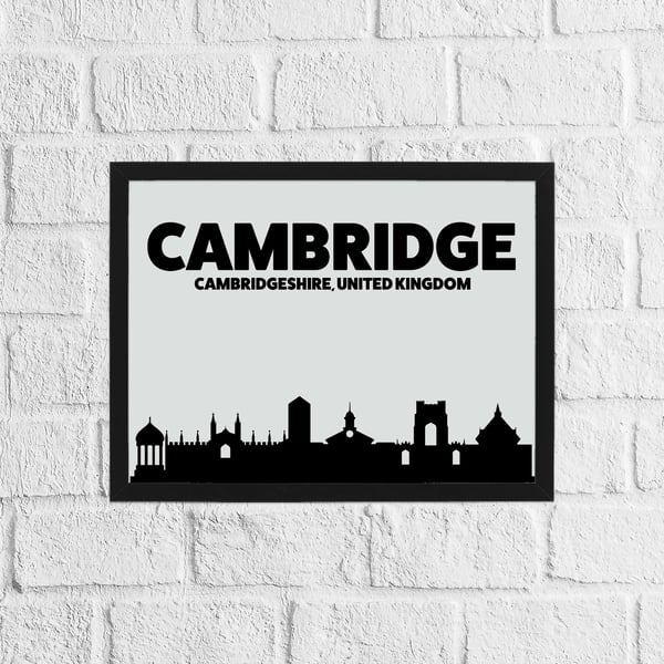 Skyline silhouette of Cambridge, Cambridgeshire, UK, grey and black print
