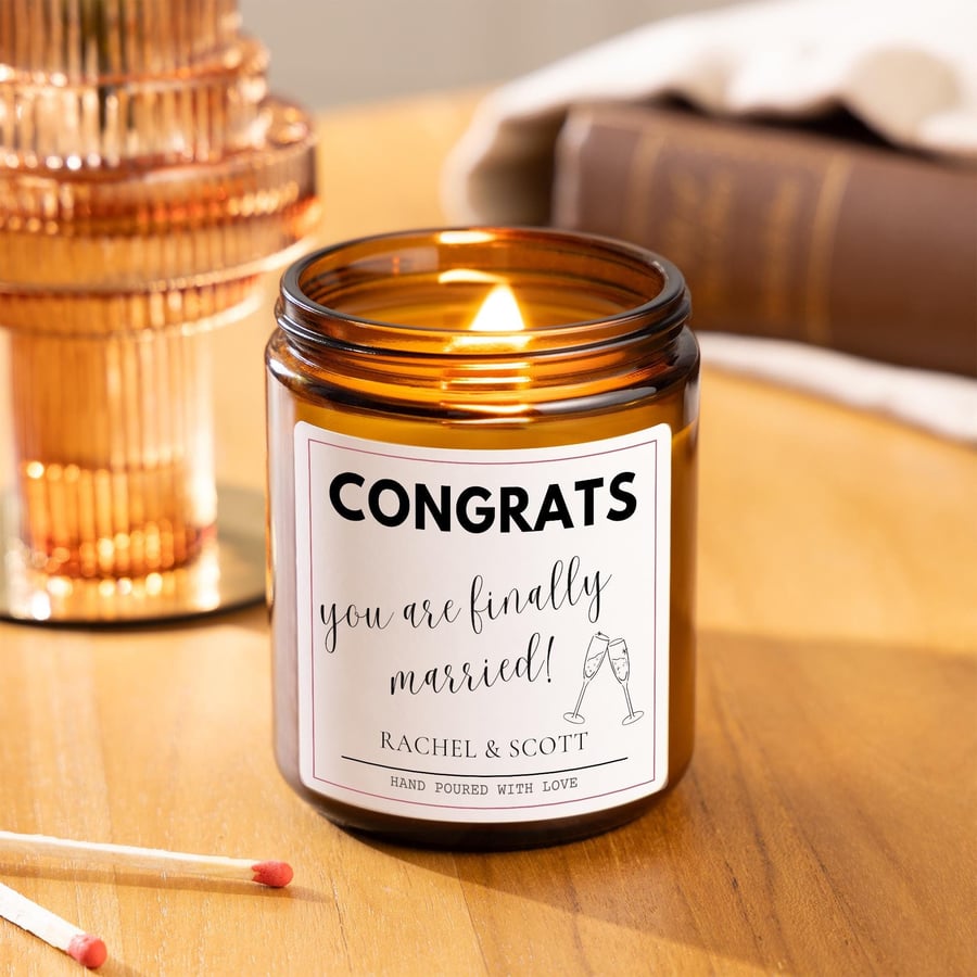 Finally Married Personalised Scented Candle, Funny Wedding Gift for Couple