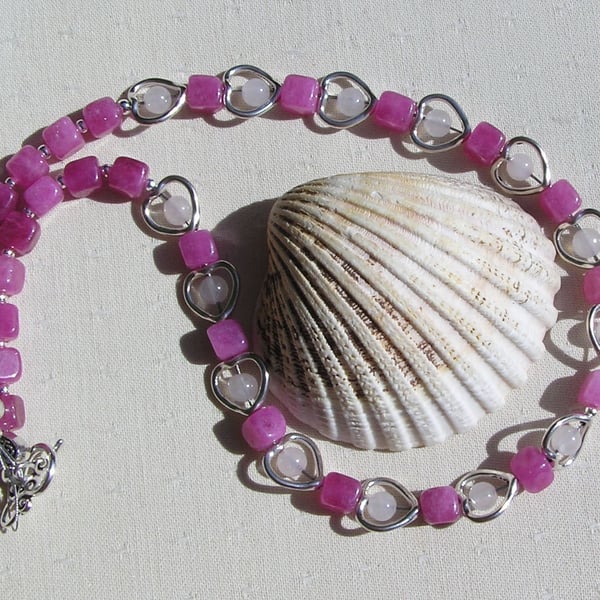 Rose Jade & Rose Quartz Gemstone Beaded Heart Necklace "Sweet Sundae"