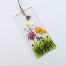 Bumblebee suncatcher, fused glass hanger, birthday gift, floral glass art. 