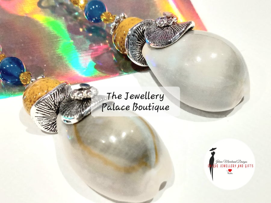 Earrings, Cowery Shell, Colourful, Yellow, Sterling Silver,