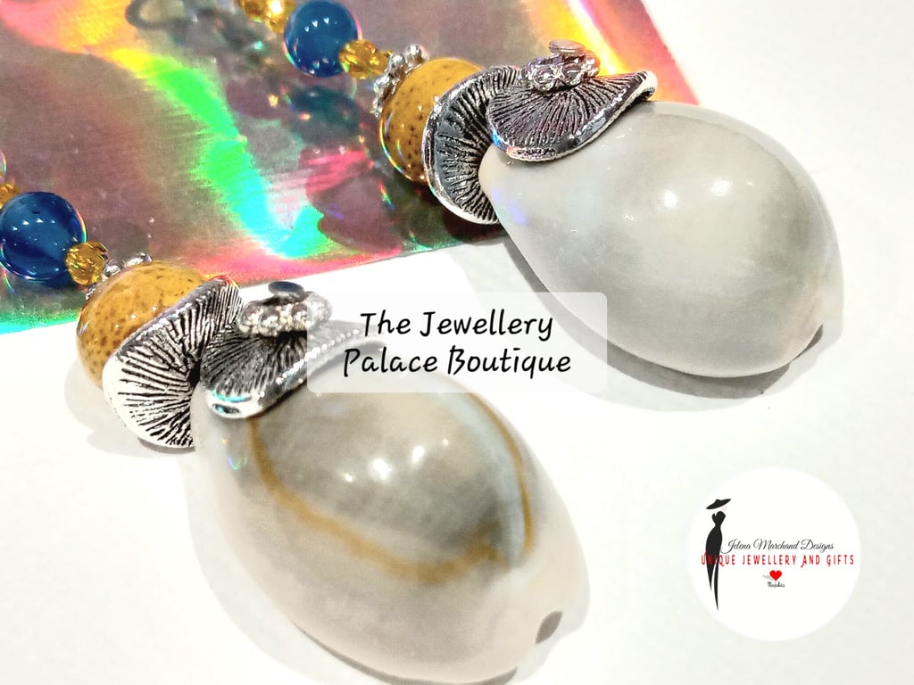 Earrings, Cowery Shell, Colourful, Yellow, Sterling Silver,