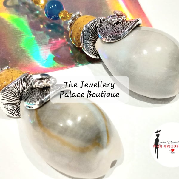 Earrings, Cowery Shell, Colourful, Yellow, Sterling Silver,