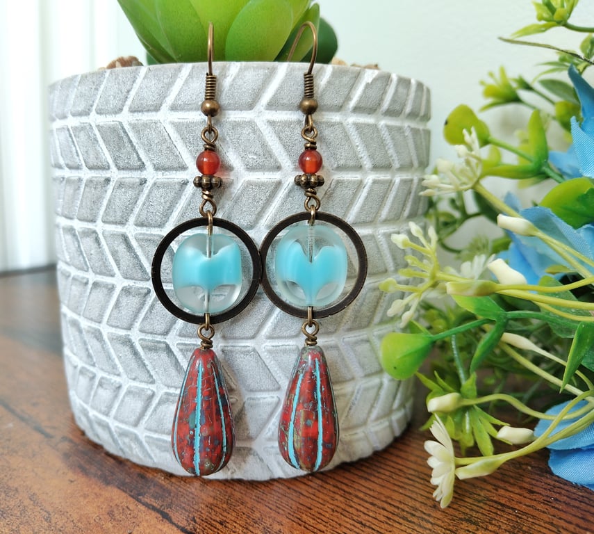 Turquoise and Red Czech Glass Bohemian Earrings