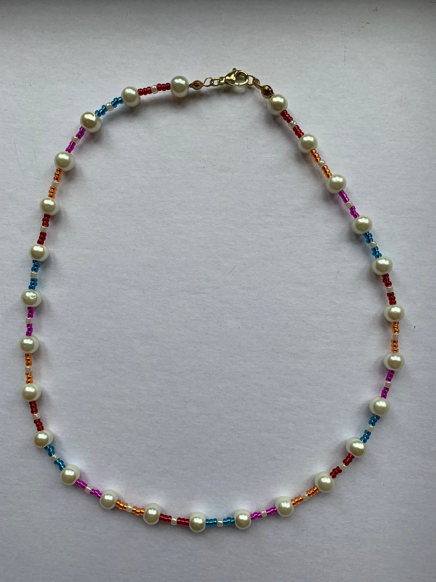 Pearl Beaded Necklace. Red, Orange, Pink and Bl... - Folksy