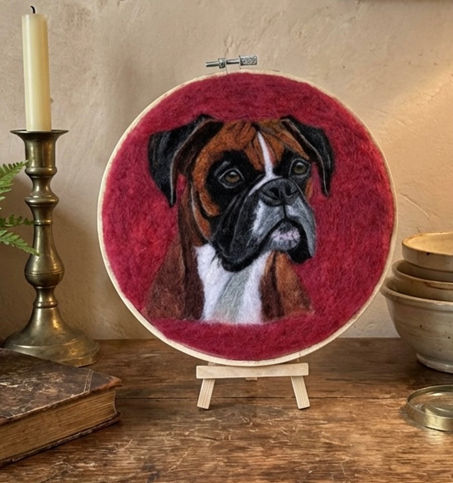 Needle Felted Boxer Dog Portrait in Embroidery Hoop