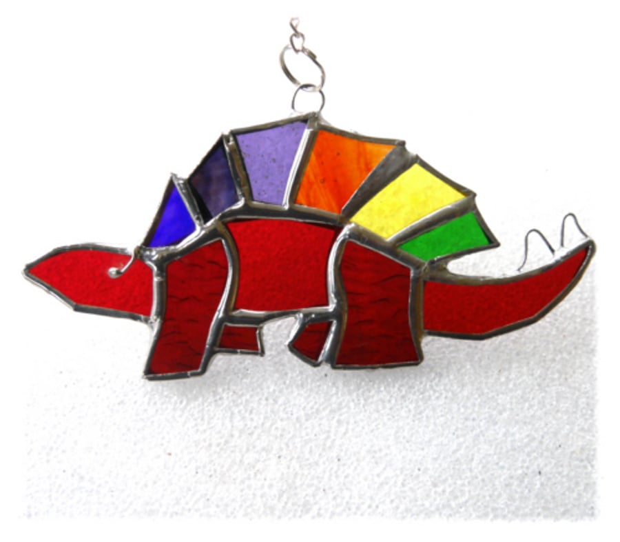 SOLD Dinosaur Suncatcher Stained Glass Stegosaurus Red Rainbow