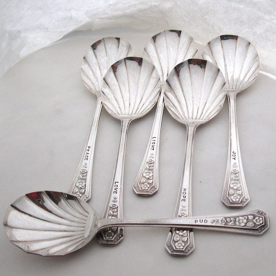Six Christmas Wish Spoons, Peace love hope joy light pud, handstamped vintage
