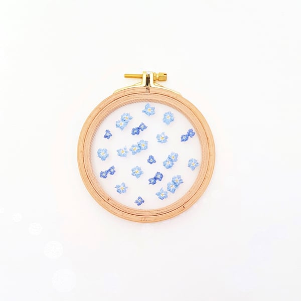 Forget me nots and speedwell, tulle embroidery hoop art 4.5”.