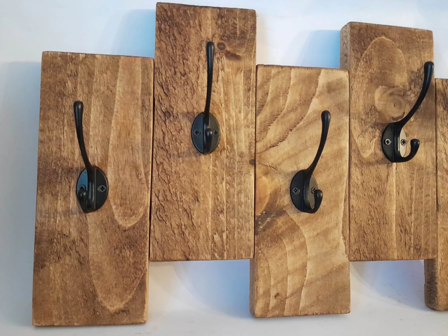 Handmade Wooden Coat Rack - 7 Black Hooks - Folksy
