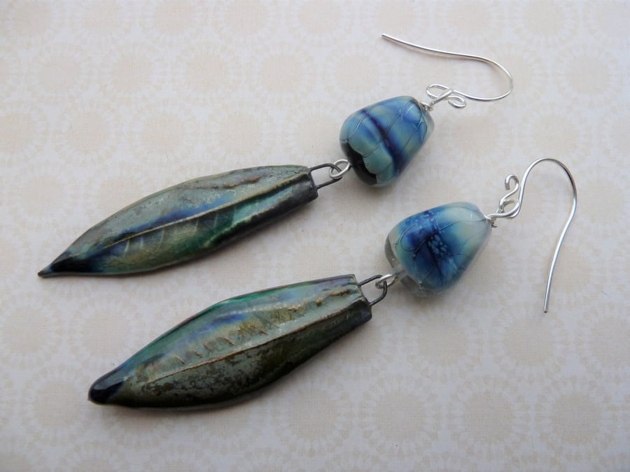 sterling silver lampwork and blue leaf earrings