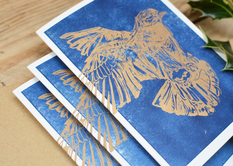 Gold and Blue Bird hand printed card- plastic free, recycled card.