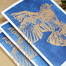 Gold and Blue Bird hand printed card- plastic free, recycled card.