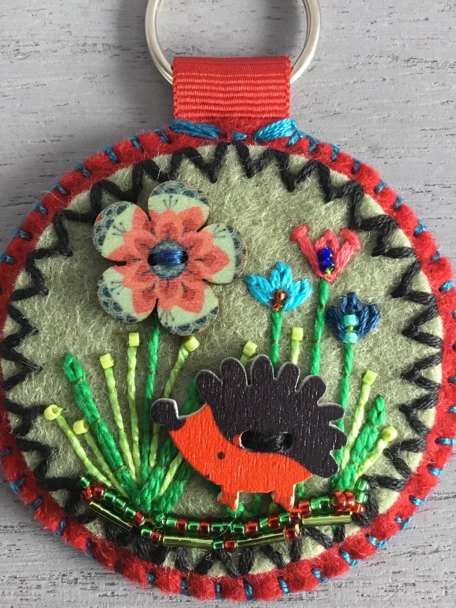 Hand Embroidered Garden Hedgehog Keyring or Bag Charm
