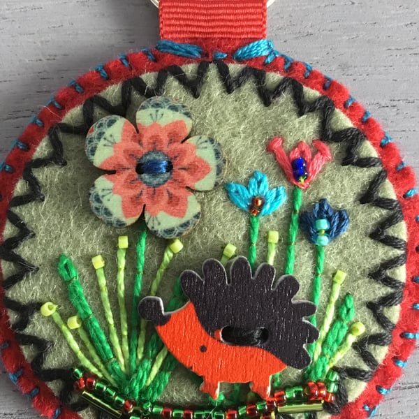 Hand Embroidered Garden Hedgehog Keyring or Bag Charm