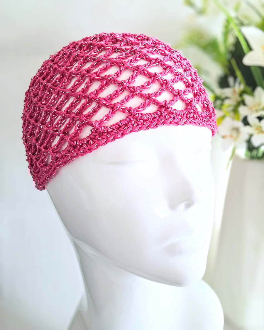 Cerise Pink and Silver Sparkly Crochet Diamond Mesh Skull Cap