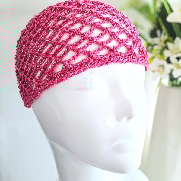 Cerise Pink and Silver Sparkly Crochet Diamond Mesh Skull Cap