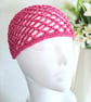 Cerise Pink and Silver Sparkly Crochet Diamond Mesh Skull Cap - Image 1