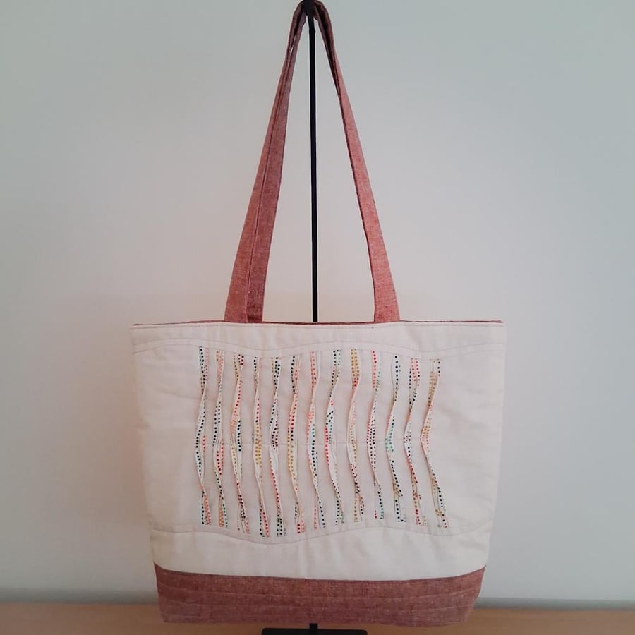 Twist Pleat Quilted Tote Bag in cream and gold