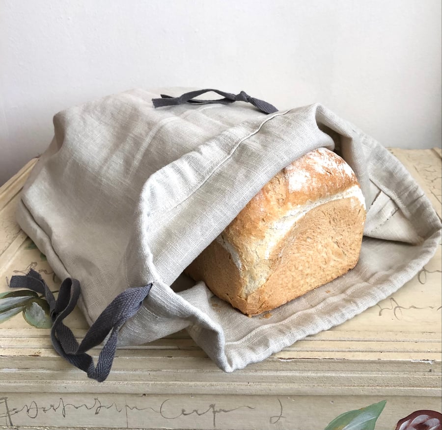 Pure linen large drawstring bread bag with grey drawstring