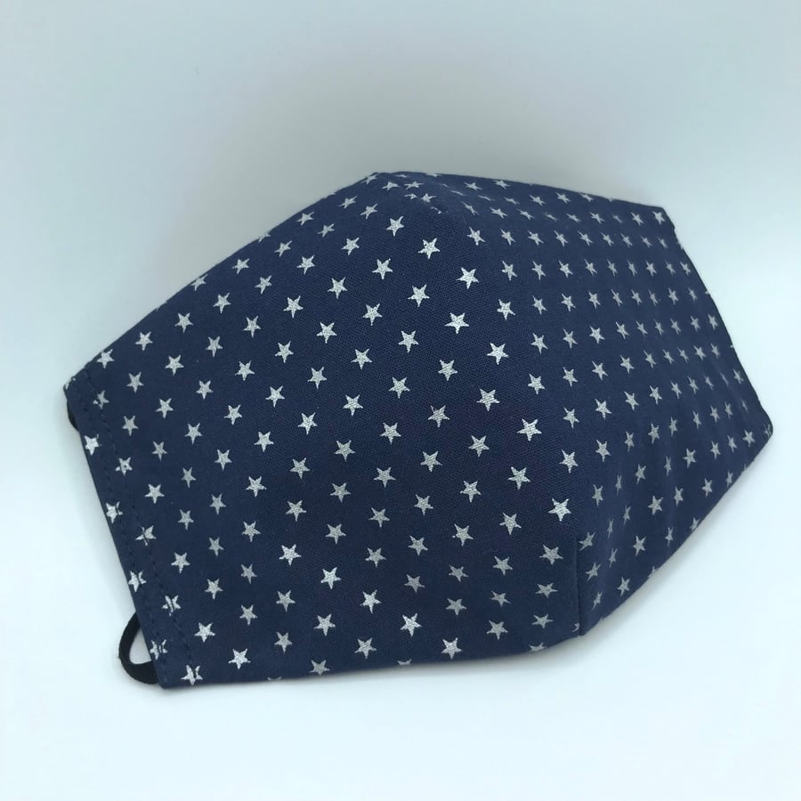 Navy Silver Stars Face Mask. Triple layered. 100 % Cotton Fabric.