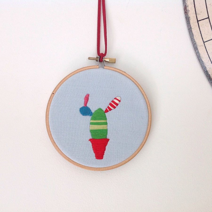 Cactus Multicoloured Hand Embroidered Wall Hoop