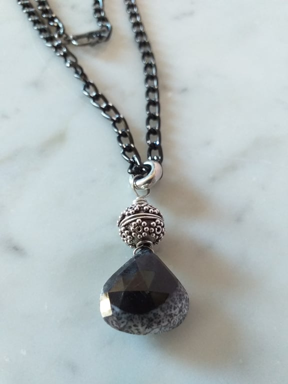 SALE - DENDRITE OPAL PENDANT - BLACK NECKLACE  - BLACK CHAIN - FREE UK  POSTAGE