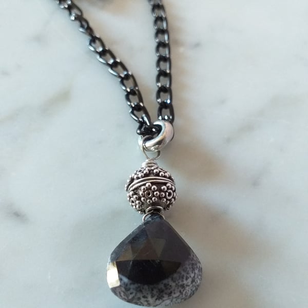 SALE - DENDRITE OPAL PENDANT - BLACK NECKLACE  - BLACK CHAIN - FREE UK  POSTAGE