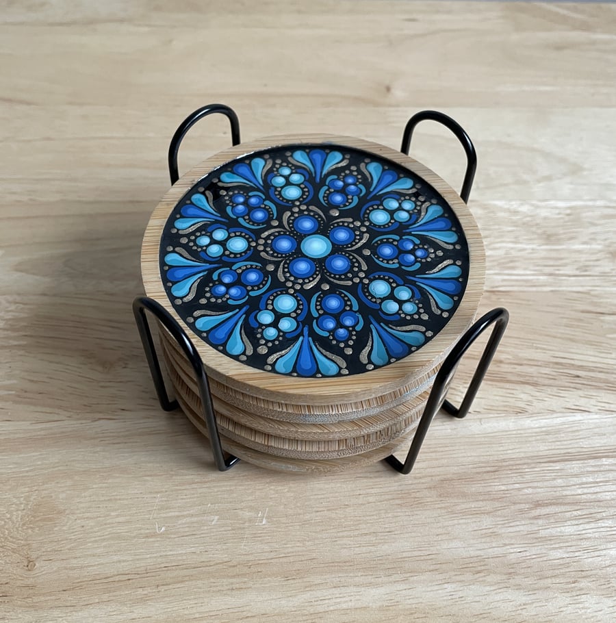 Coaster Set of 5 Blue Mandala Hand Painted Unique With Metal Coaster Holder