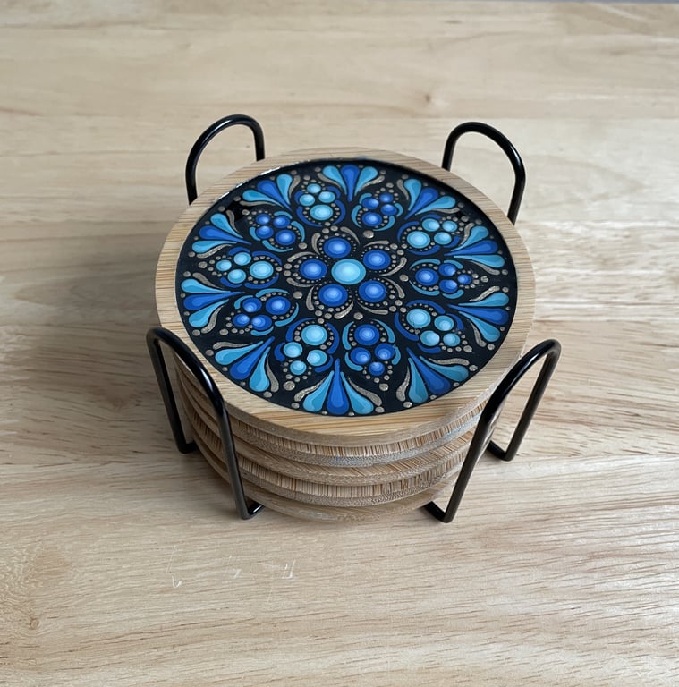 Coaster Set of 5 Blue Mandala Hand Painted Unique With Metal Coaster Holder