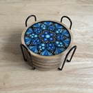 Coaster Set of 5 Blue Mandala Hand Painted Unique With Metal Coaster Holder